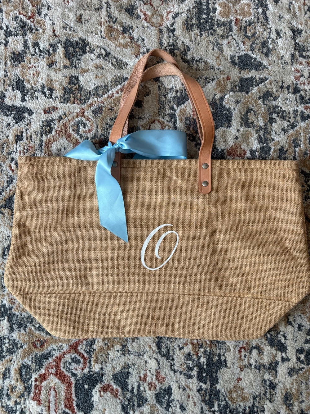 Canvas Jute Tote Bag with Leather Handles and Blue Ribbon